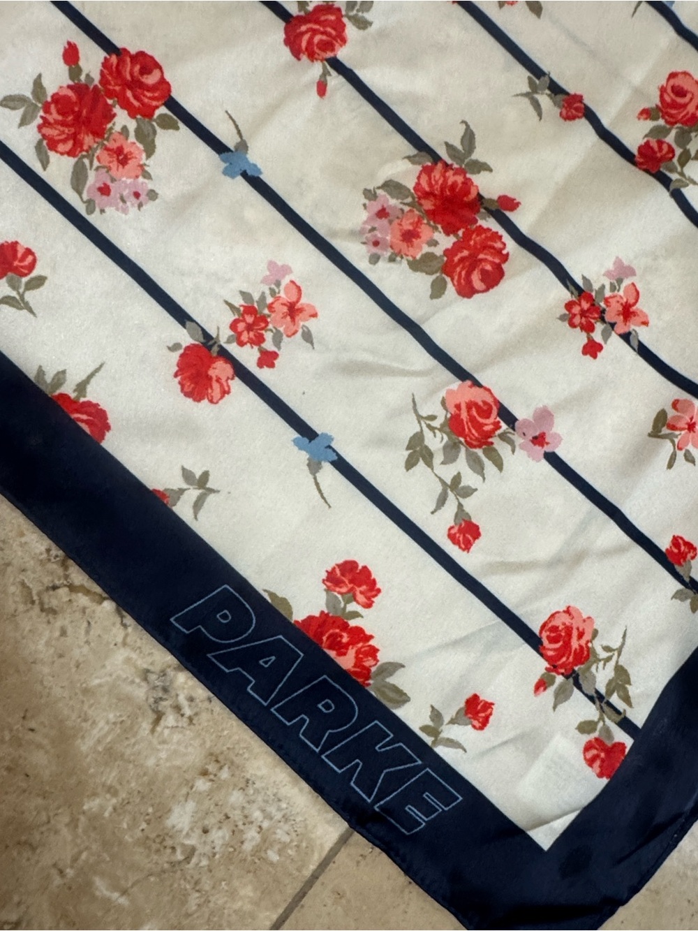 Parke Floral Stripe Silk-Feel Scarf in Navy and Red